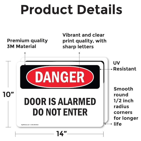 Door Is Alarmed Do Not Enter Danger Sign, Vinyl Decal, 14in W X 10in L, 2PK